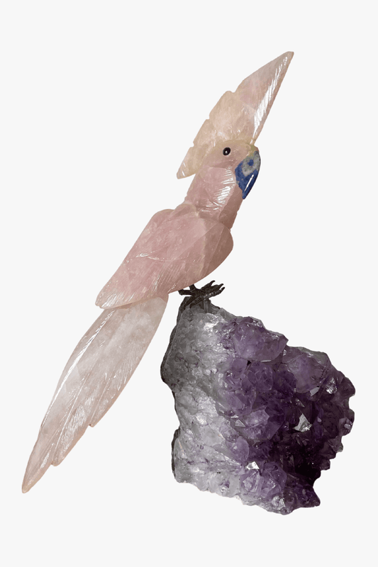 Genuine Rose Quartz Bird on Amethyst