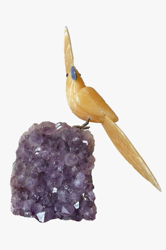 Genuine Yellow Calcite Bird on Amethyst
