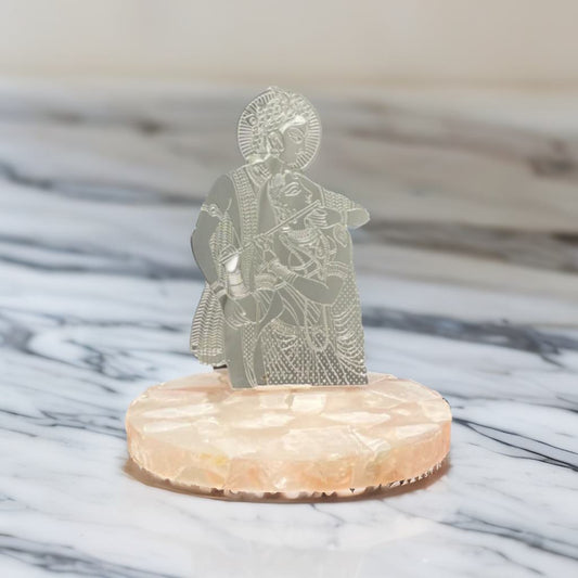 Radha Krishna Ji Silver Plated on Rose Quartz Stone Base