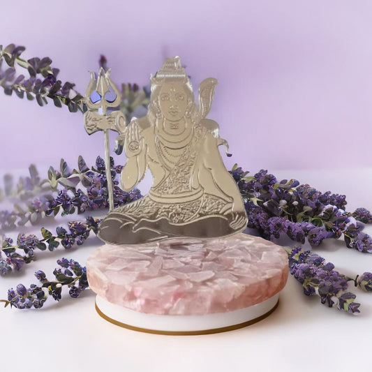 Lord Shiva Silver Plated on Rose Quartz Stone Base