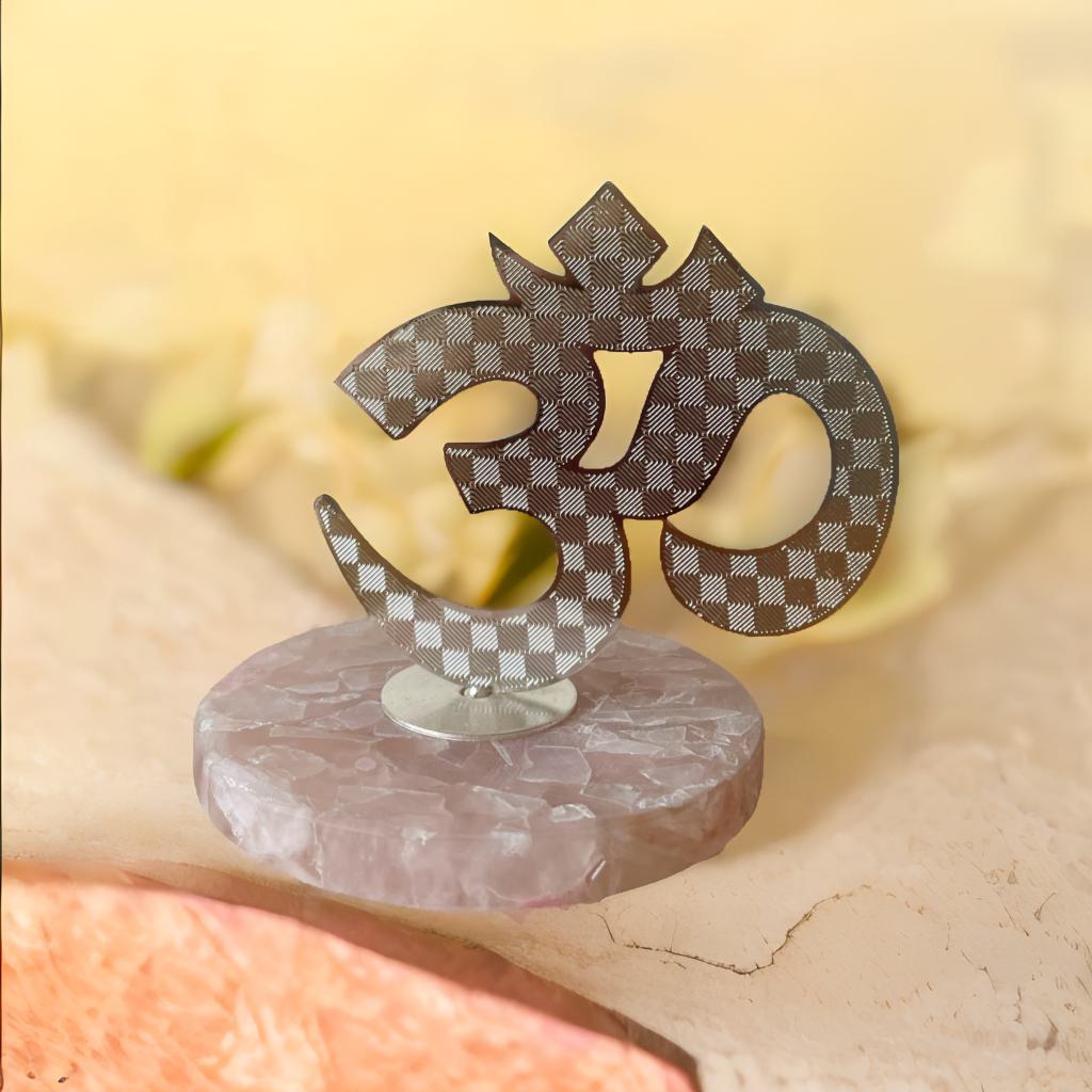 Om Cut Work on Rose Quartz Base