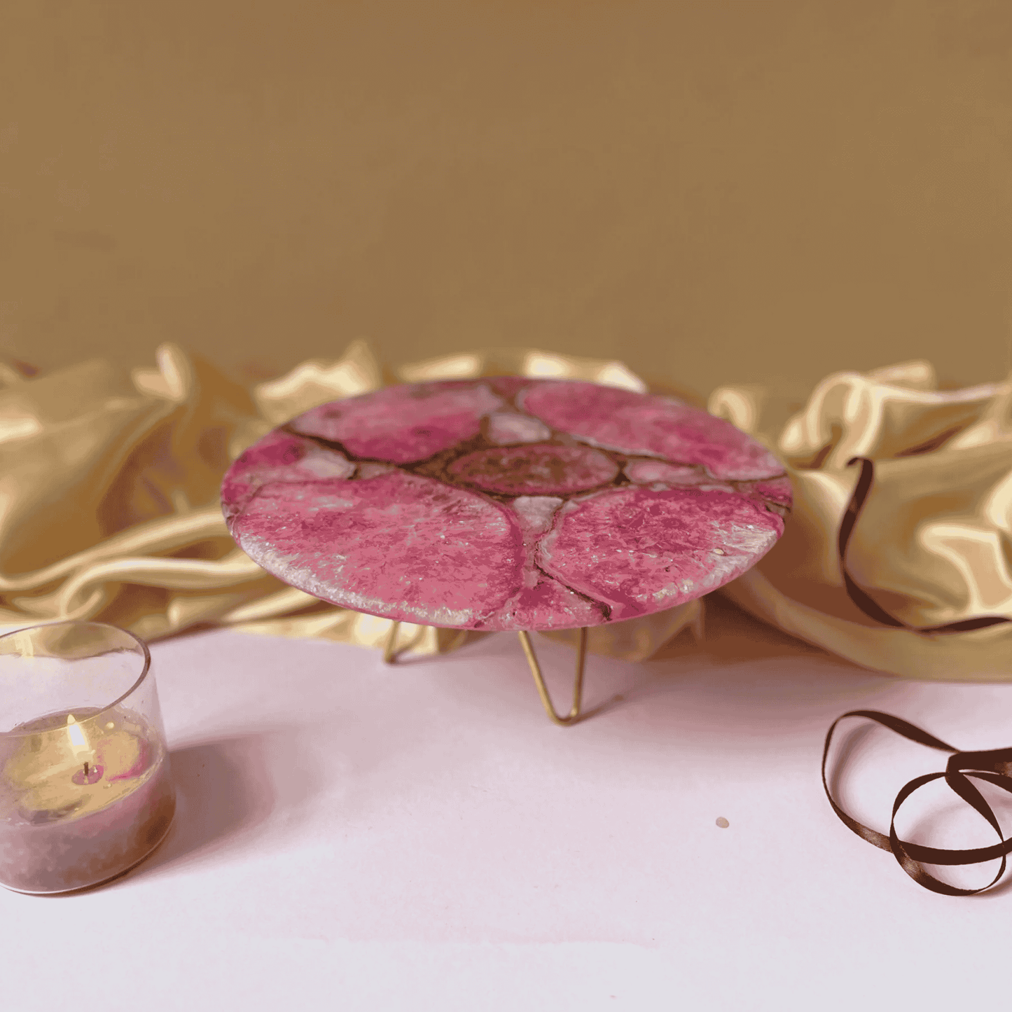 Pink Agate Cake Stand Metal Base
