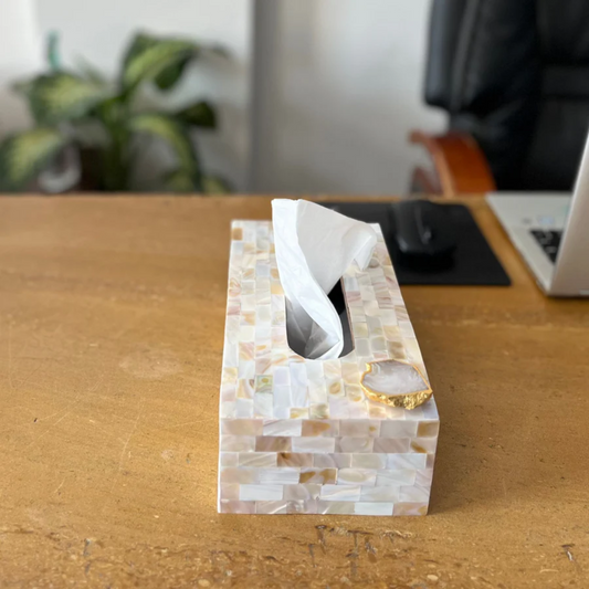 Mother of Pearl Tissue Box with Agate - White