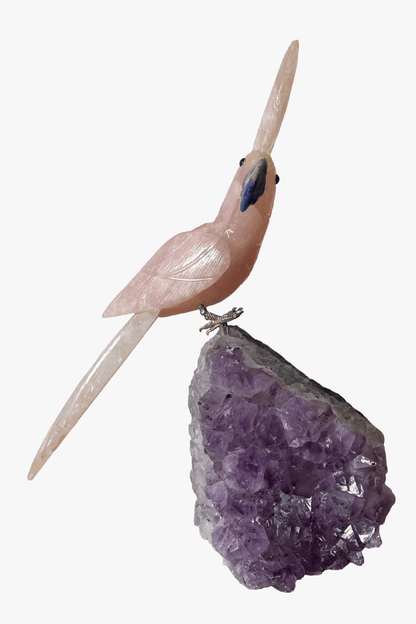 Genuine Rose Quartz Bird on Amethyst