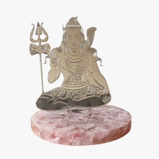 Lord Shiva Silver Plated on Rose Quartz Stone Base
