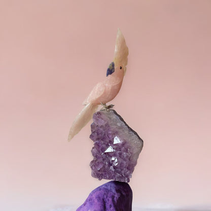 Genuine Rose Quartz Bird on Amethyst