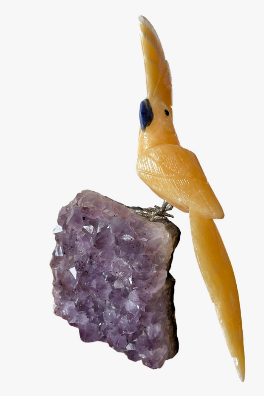 Genuine Yellow Calcite Bird on Amethyst