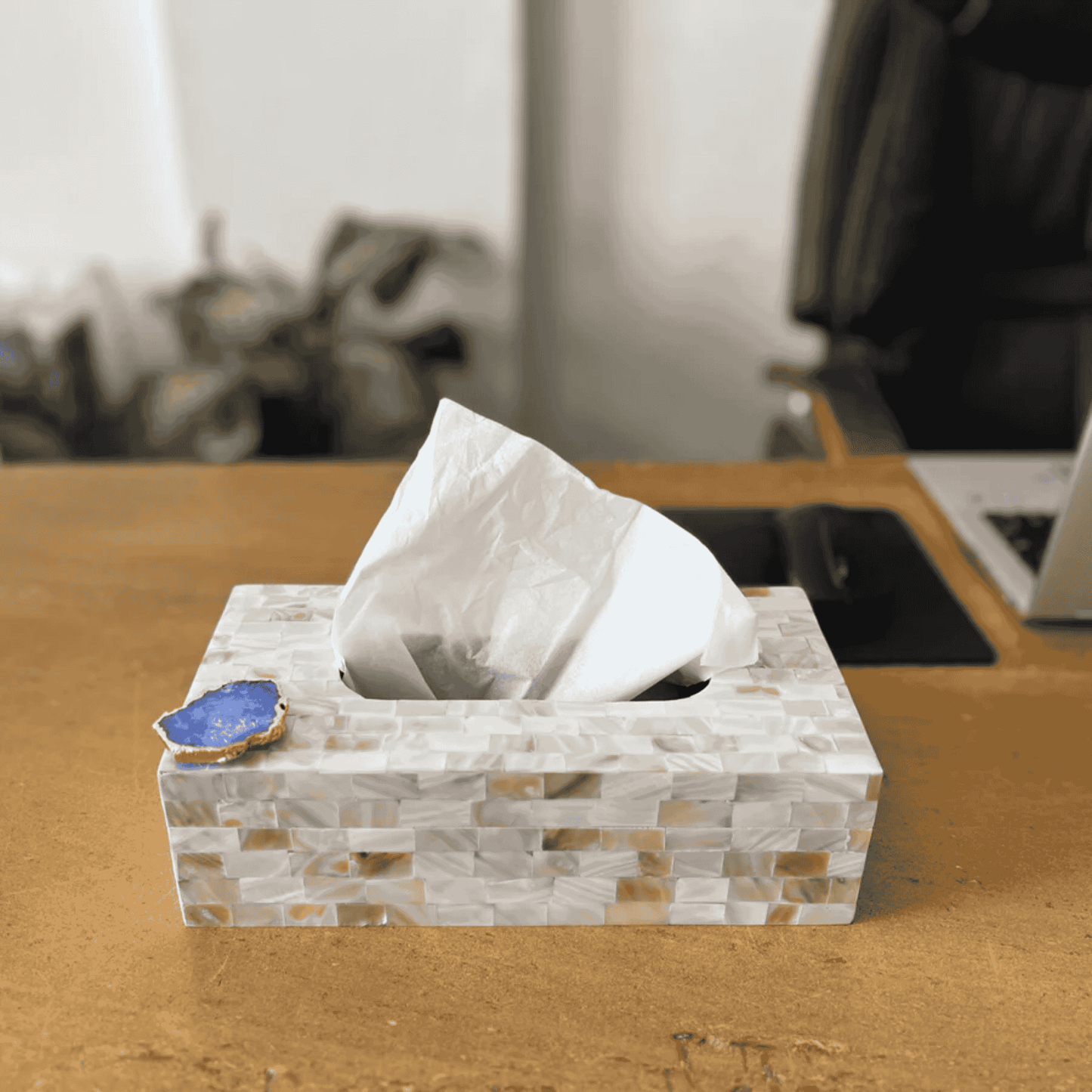 Mother of Pearl Tissue Box with Agate - Blue