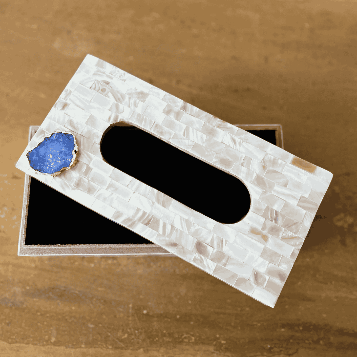 Mother of Pearl Tissue Box with Agate - Blue