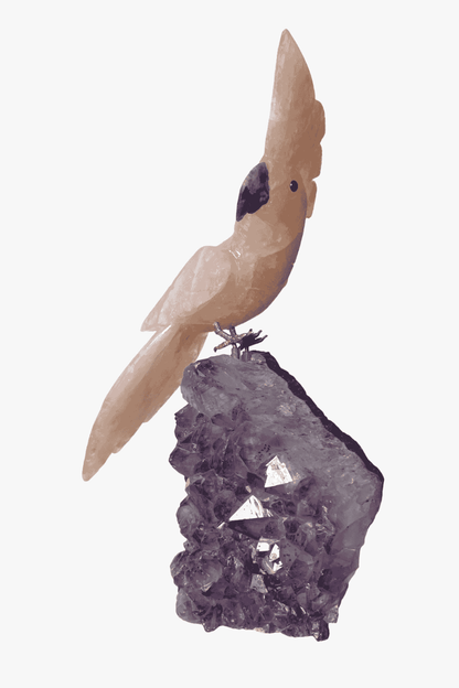 Genuine Rose Quartz Bird on Amethyst